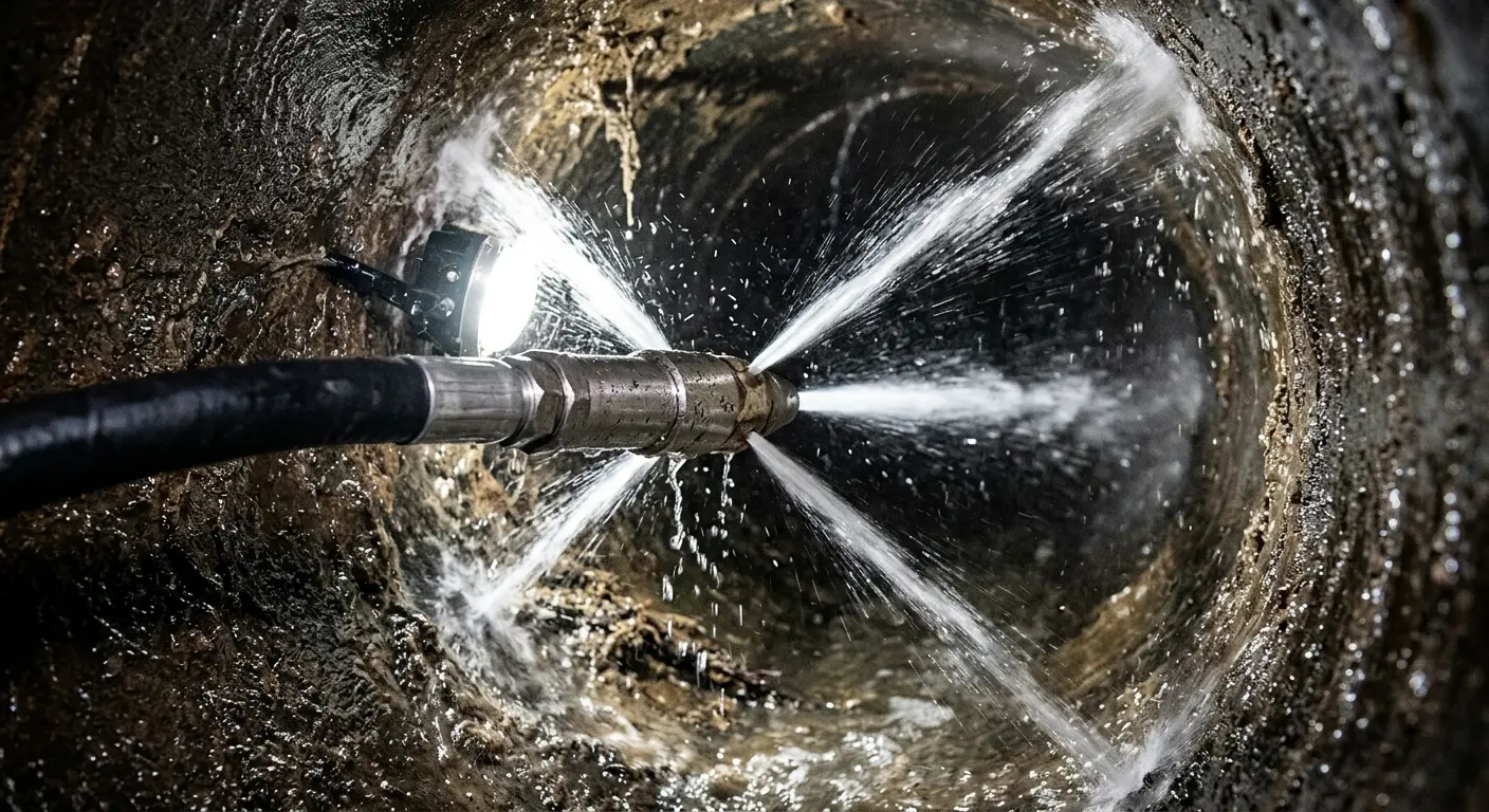 High-pressure hydro jetting nozzle cleaning sewer pipe for Emergency Drain Service in Ada