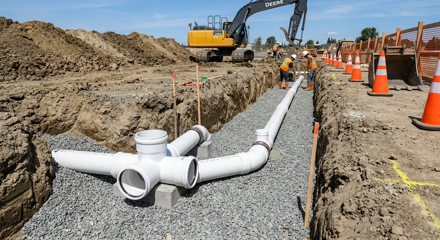 New PVC sewer pipe installation in open trench for Commercial Drain Cleaning in Ada