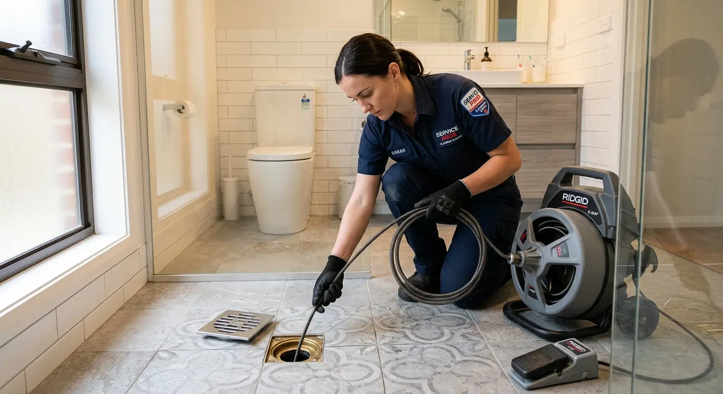 Technician clearing a bathroom floor drain for Sewer Line Installation in Ada